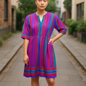 VTG 80s Melissa Petites Pink Purple Teal Elastic Waist Silky Dress Size 10P